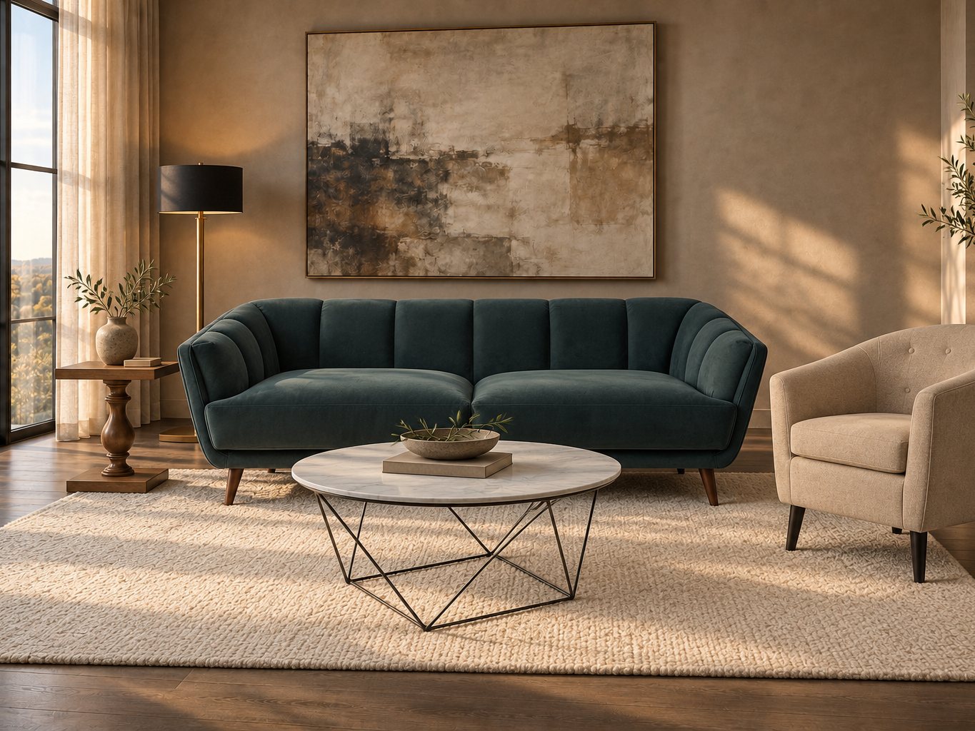A green velvet sofa and a tub chair in a warm living room