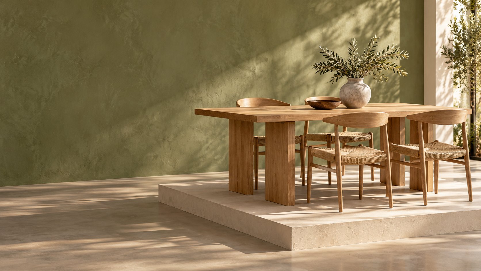 An oak dining table with woven chairs on a stone plinth against an olive-green wall