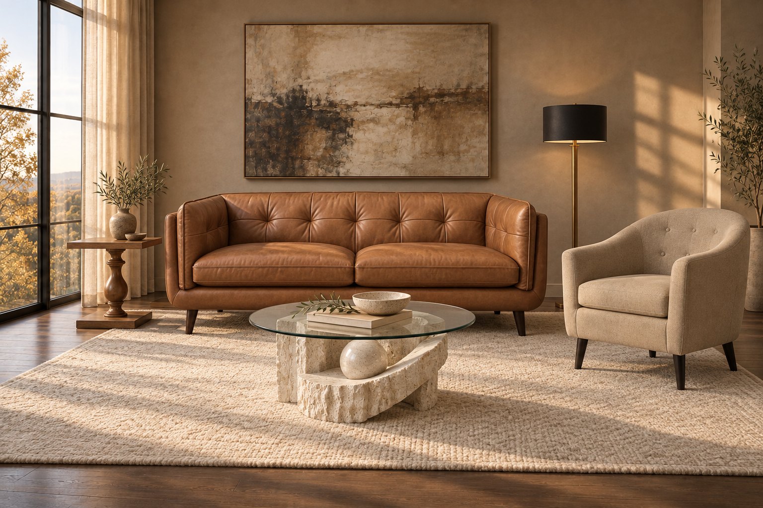 A warm living room with the Allegro leather sofa, Klorey accent chair, Fossil coffee table and Sonoma end table