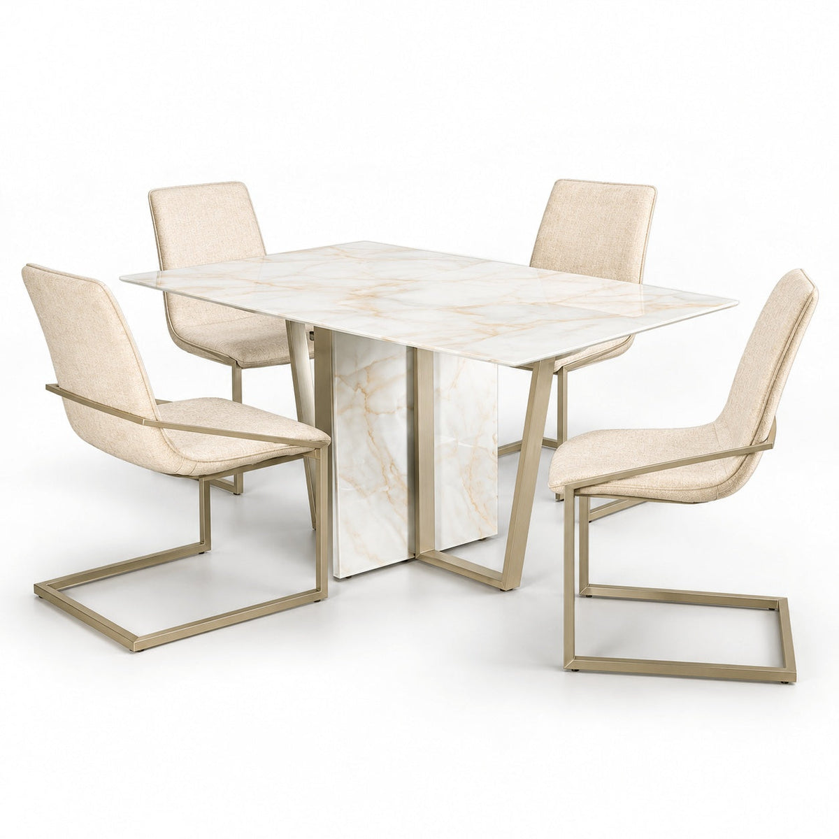5 Pc Marble Look Glass Dining Table Set
