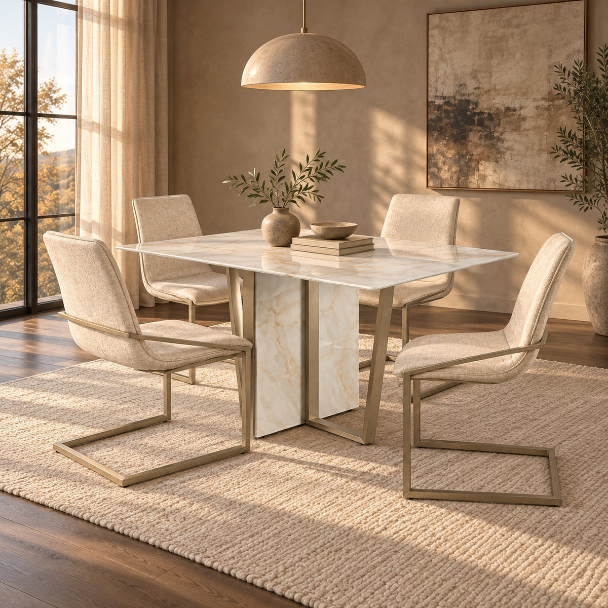 5 Pc Marble Look Glass Dining Table Set — in a room