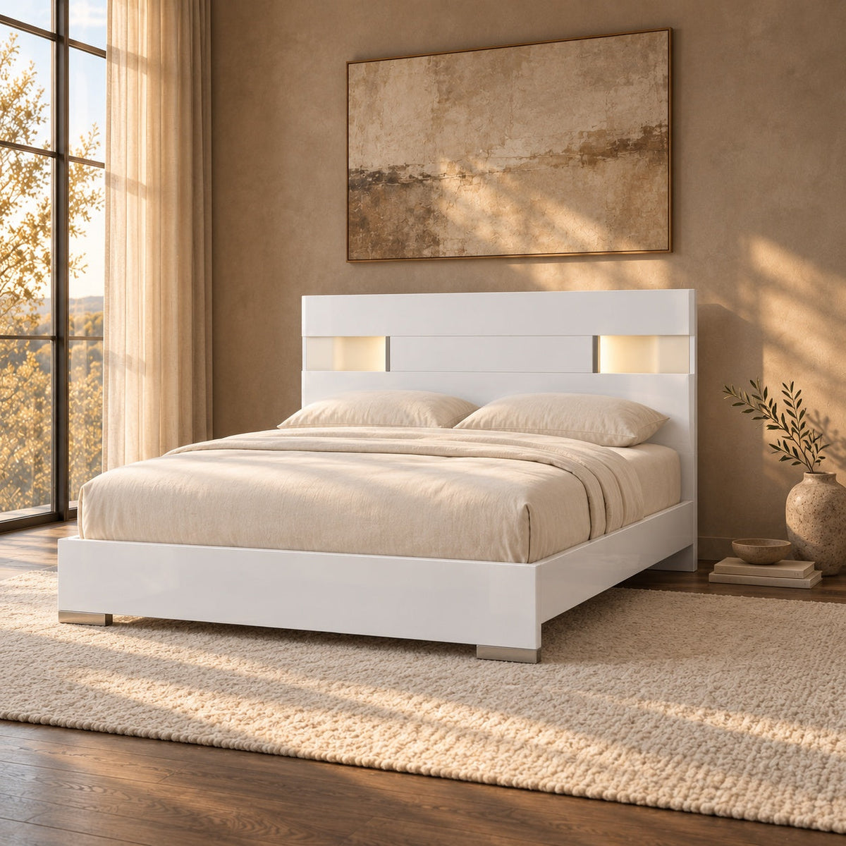 Andes White Queen Bed — in a room