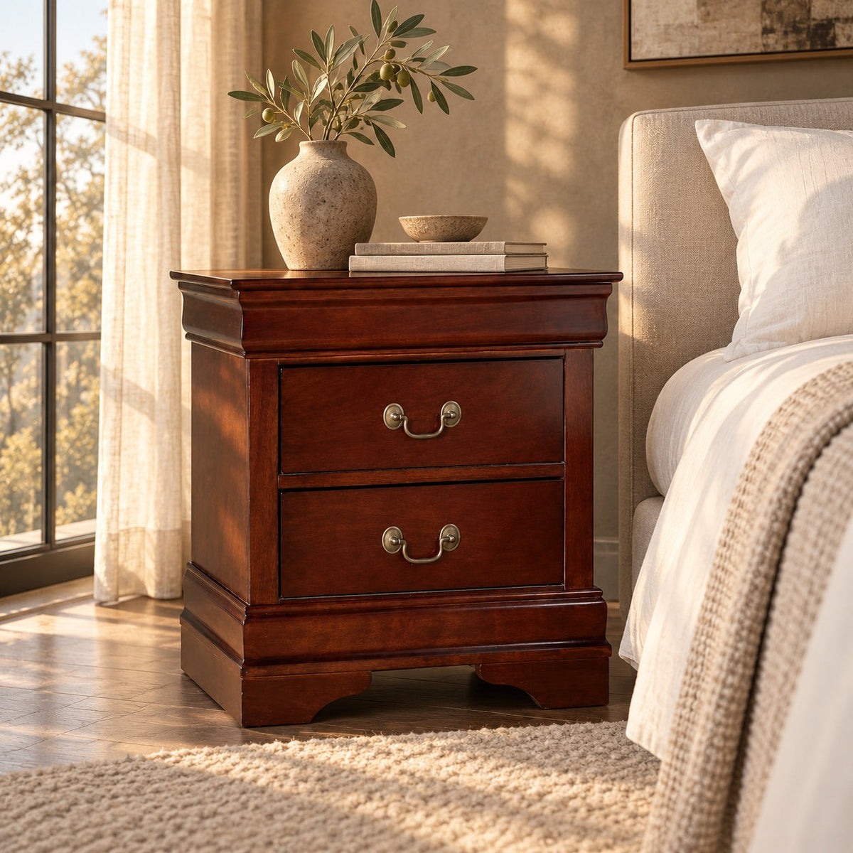 Aurora Night Stand (Brown Cherry) — in a room