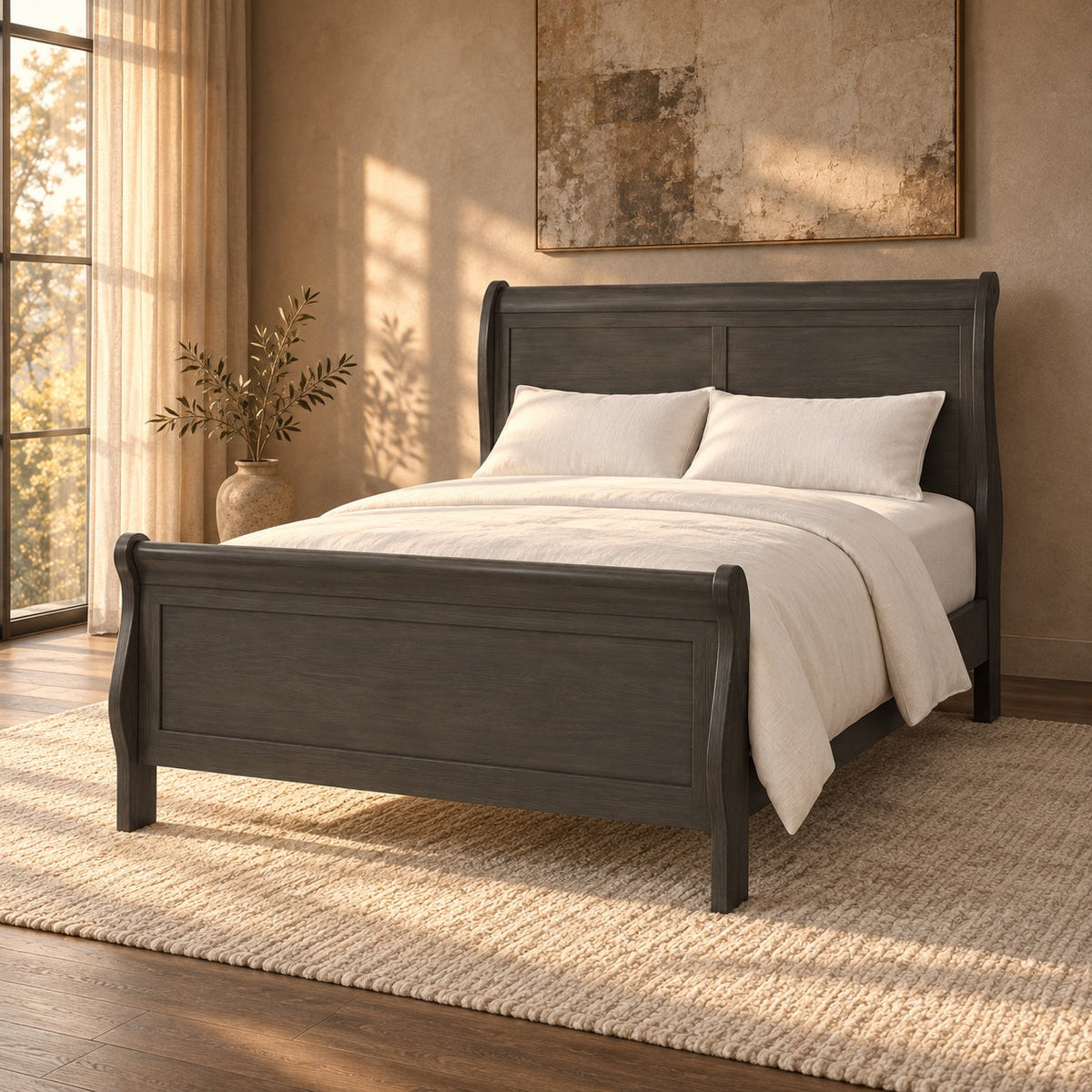 Aurora Sleigh Bed, Queen — in a room