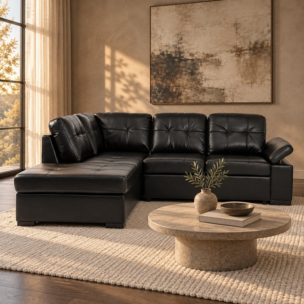 Candace Sleeper Sectional (Black) — in a room