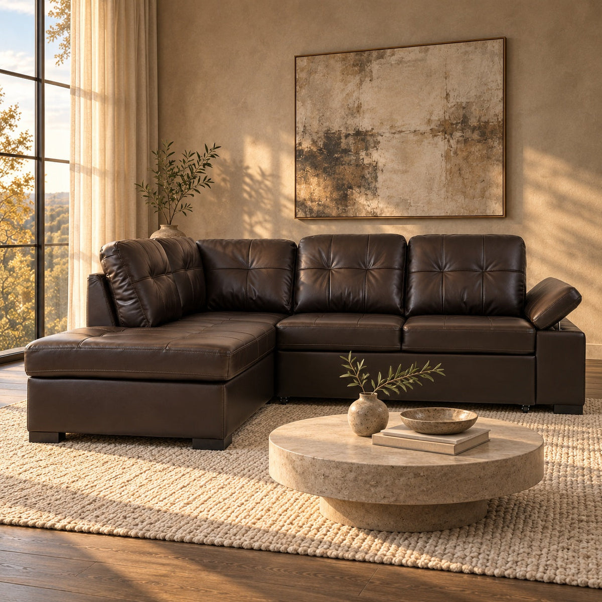 Candace Sleeper Sectional (Brown) — in a room