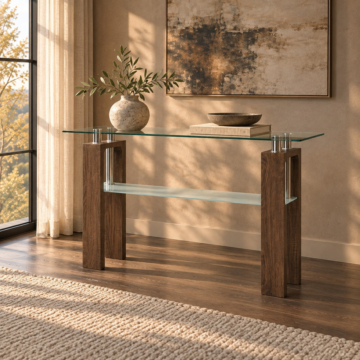 Compass Glass Sofa Table — in a room
