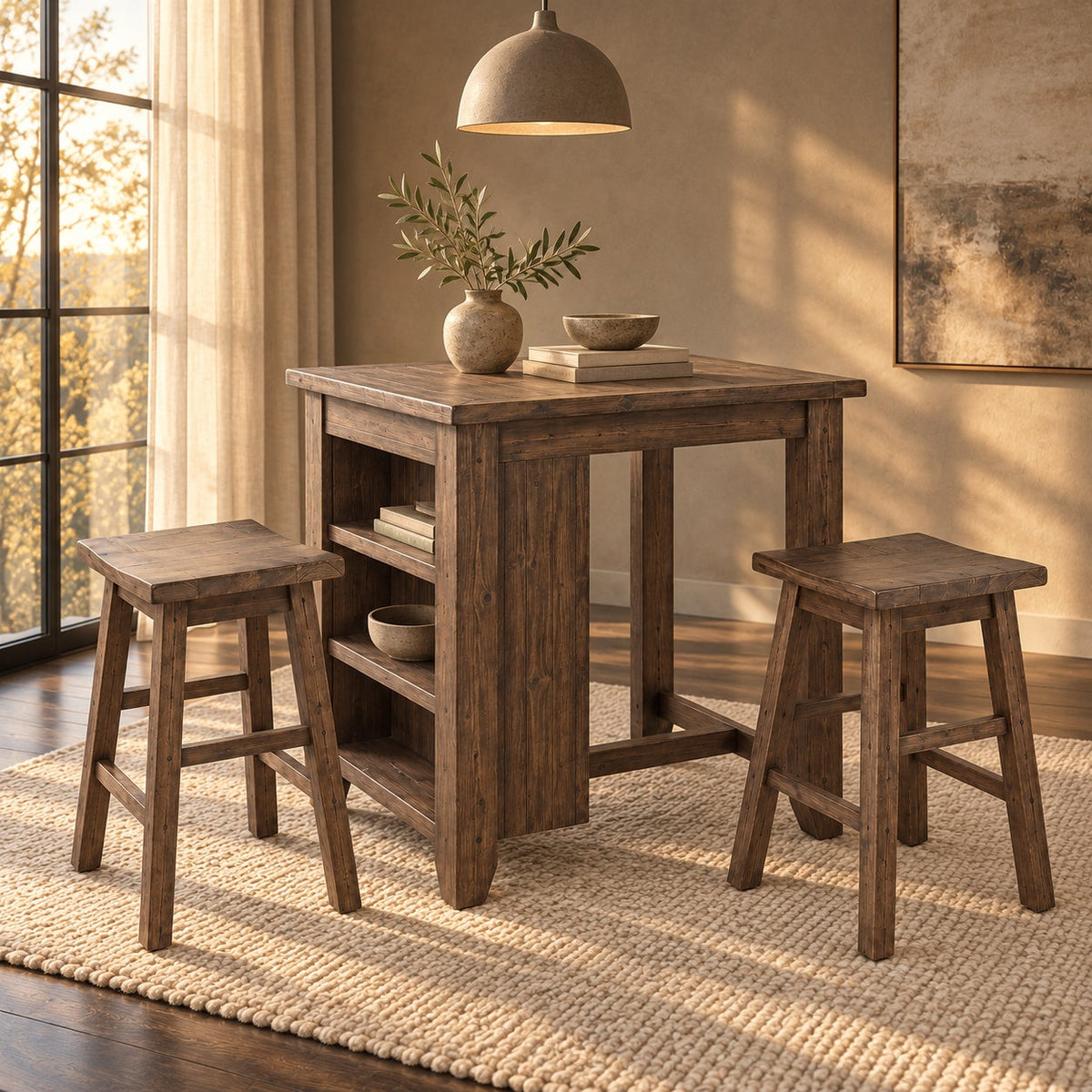 Madison County 3 Piece Pub Table Set (Brown) — in a room