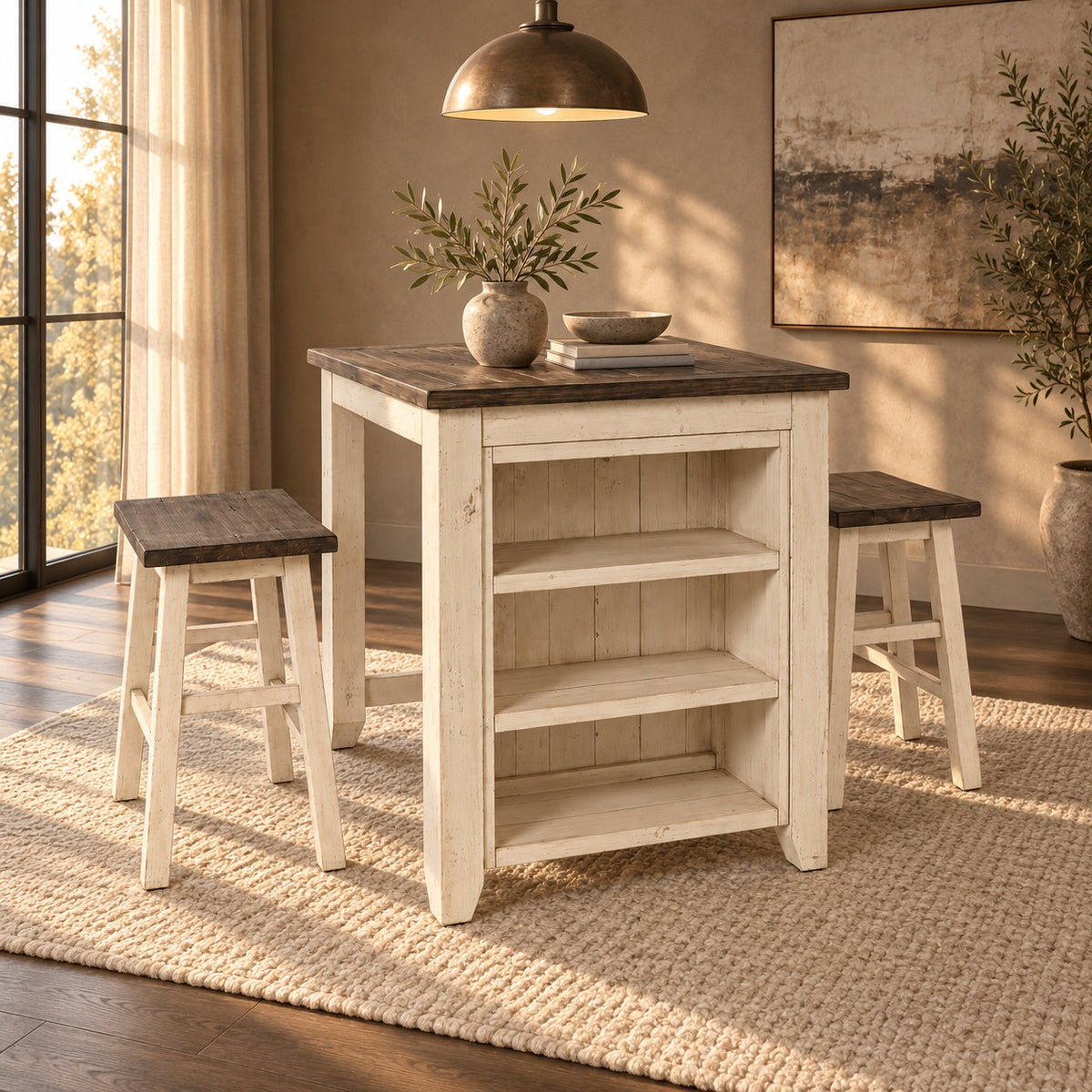 Madison County 3 Piece Pub Table Set (Off White) — in a room