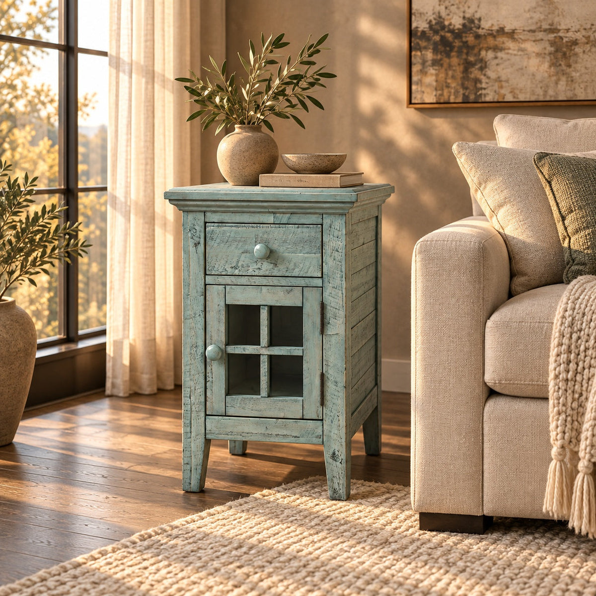 Rustic Shores Power Chairside Table (Blue) — in a room