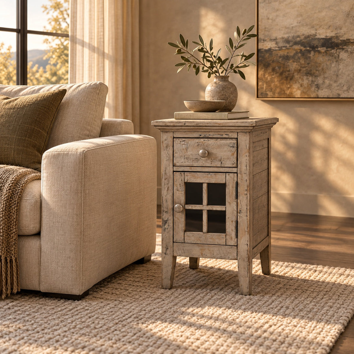Rustic Shores Power Chairside Table (Grey) — in a room