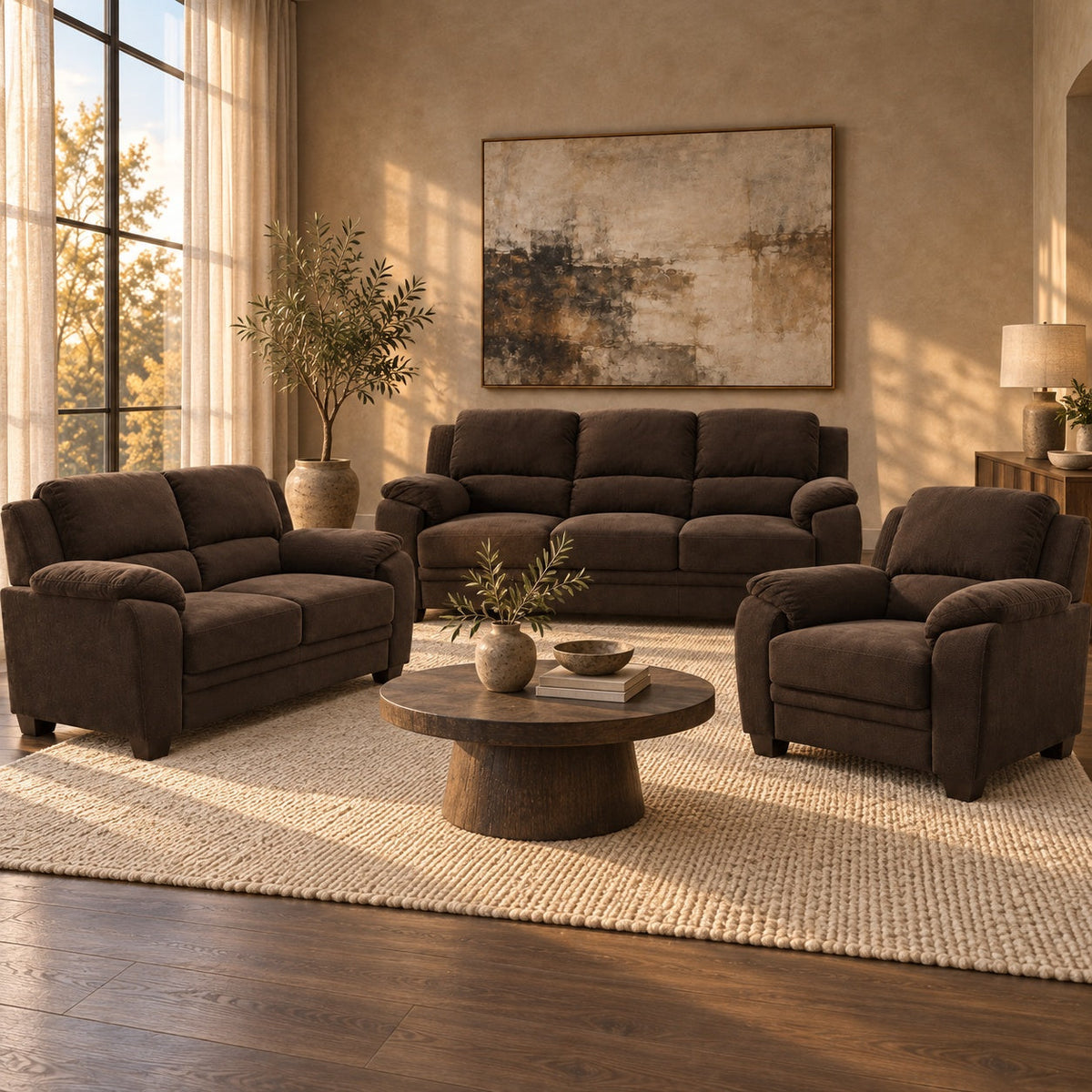 Voltren Sofa Loveseat and Chair Set (Chocolate) — in a room