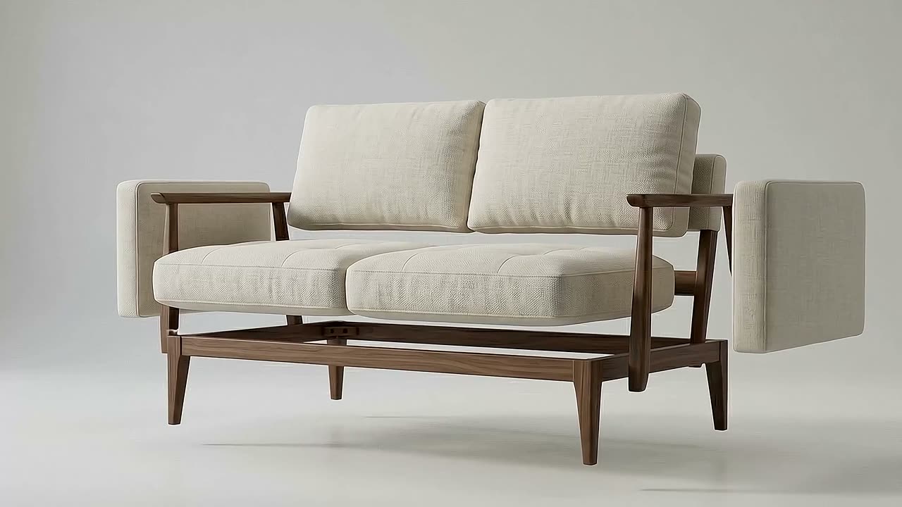 A sofa and a bed assembling themselves piece by piece