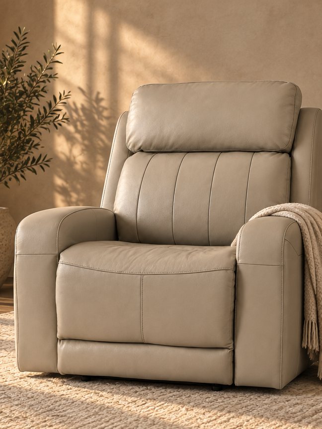 A leather power recliner with a knitted throw