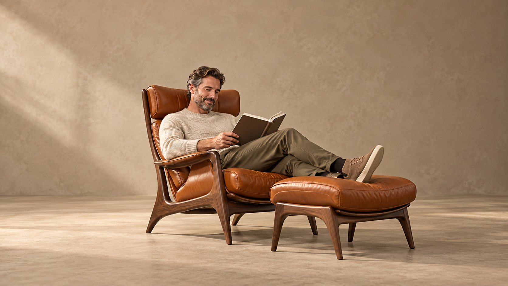 A man reading in a walnut and leather lounge chair with a matching ottoman