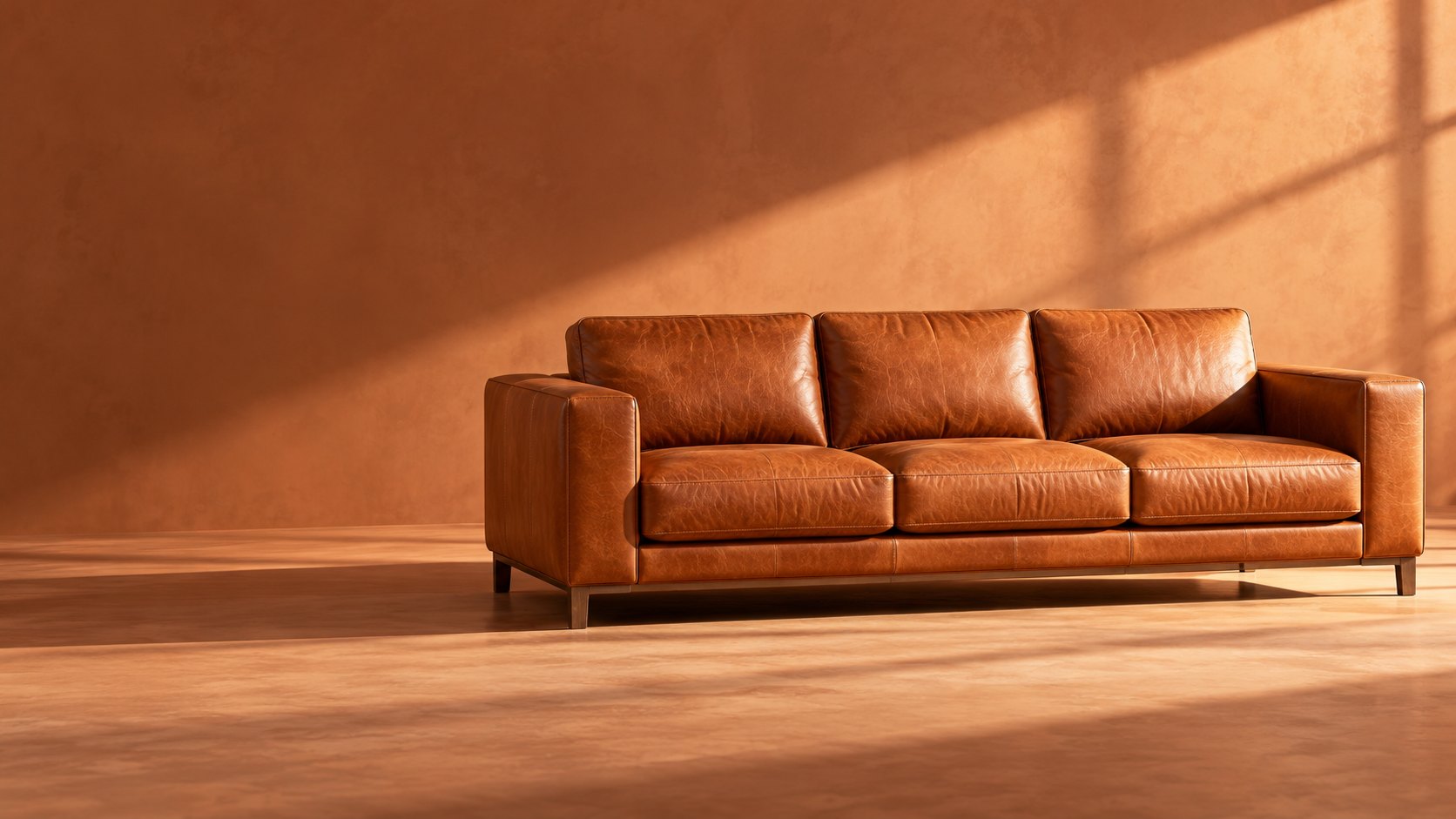 A cognac leather sofa against a terracotta wall in a beam of sunlight