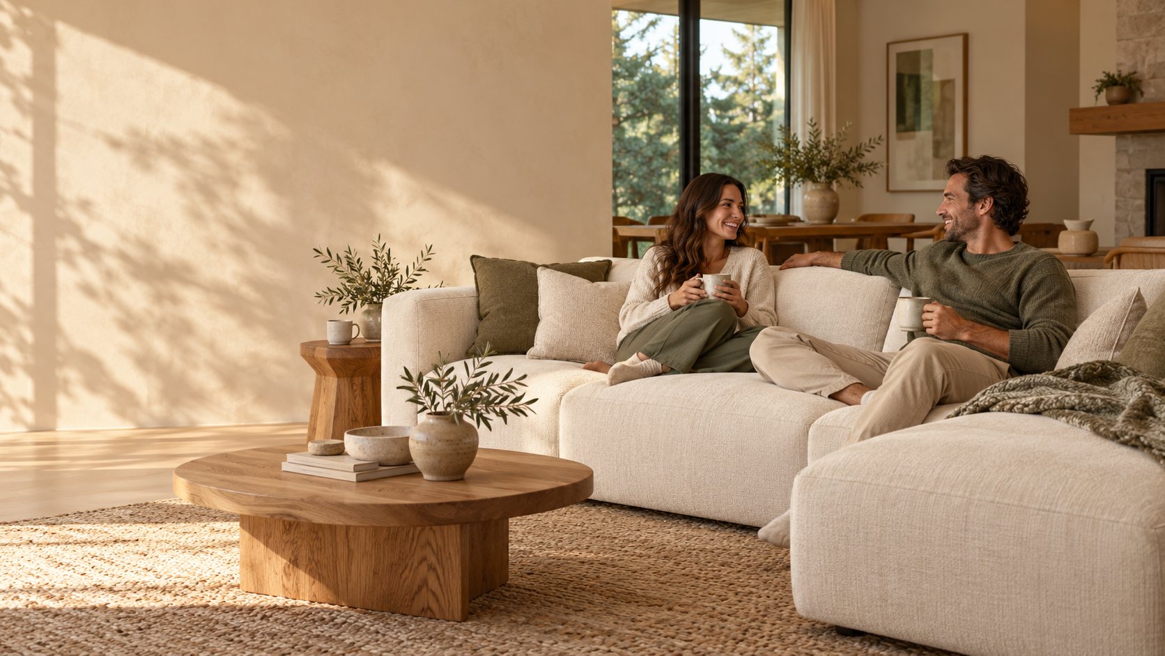 A couple chatting over coffee on a cream sectional in a sunlit living room